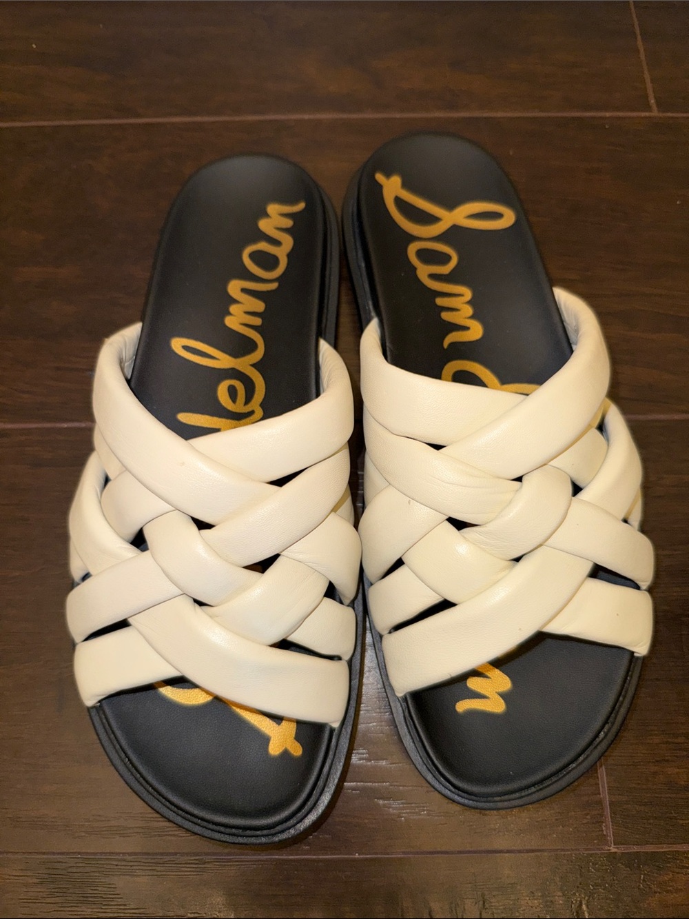 Sam Edelman Cream Braided Slide Sandals with Black Footbed